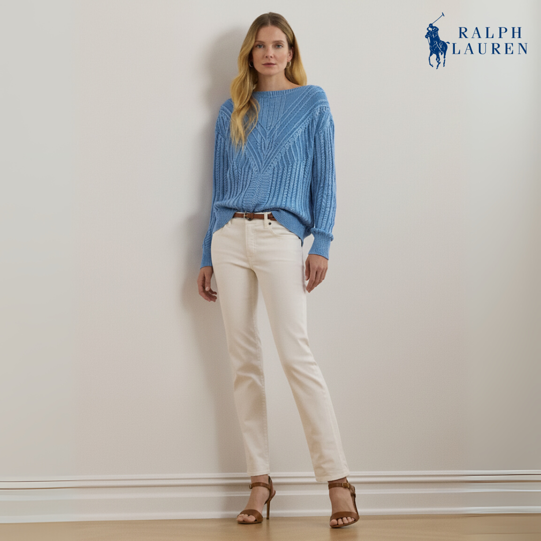 Zopfmuster-Pullover mit U-Boot-Ausschnitt aus Baumwollmischung