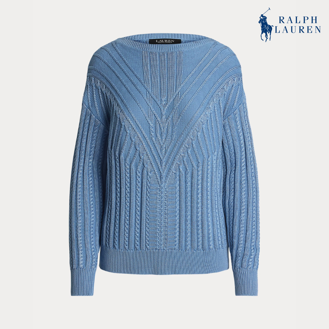 Zopfmuster-Pullover mit U-Boot-Ausschnitt aus Baumwollmischung