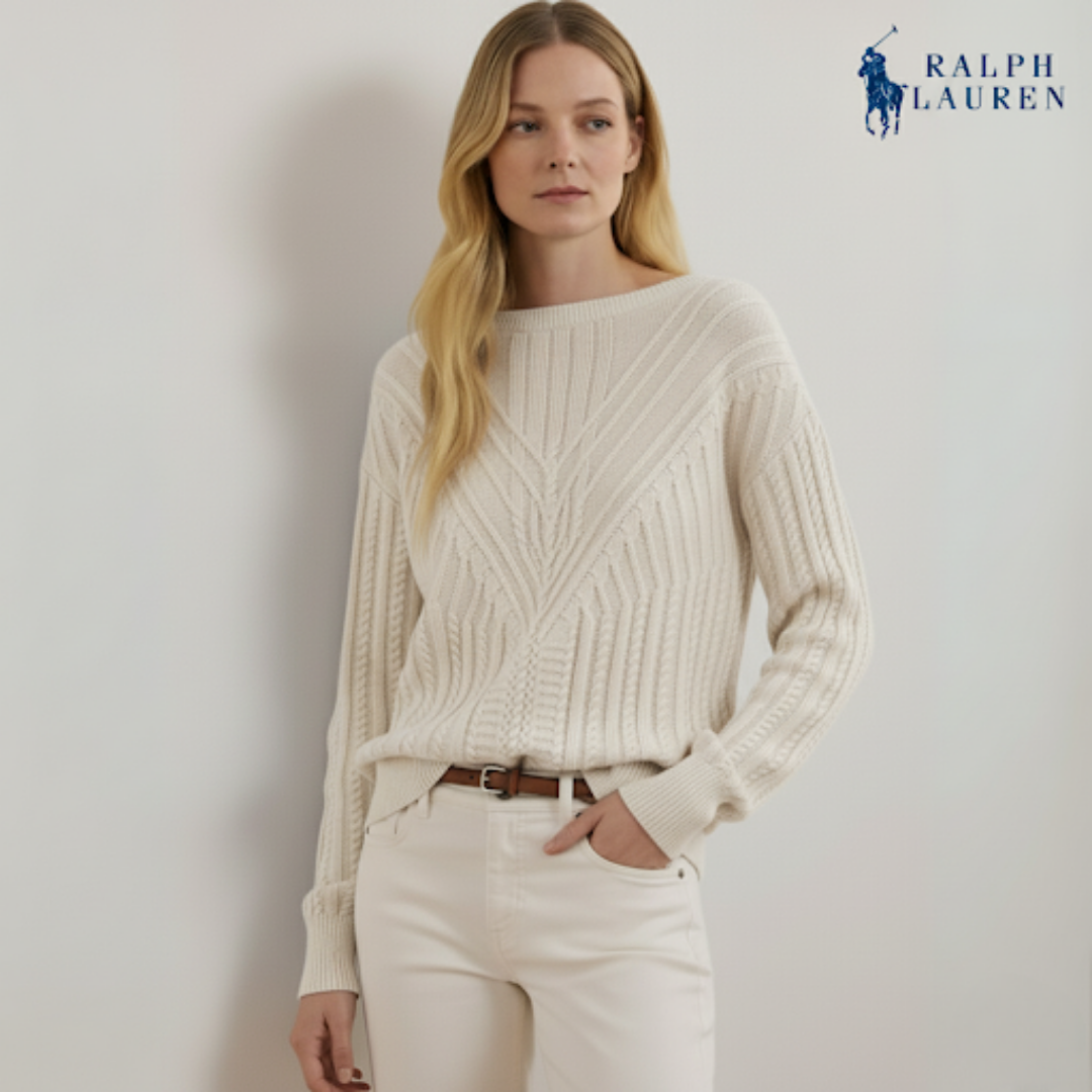 Zopfmuster-Pullover mit U-Boot-Ausschnitt aus Baumwollmischung