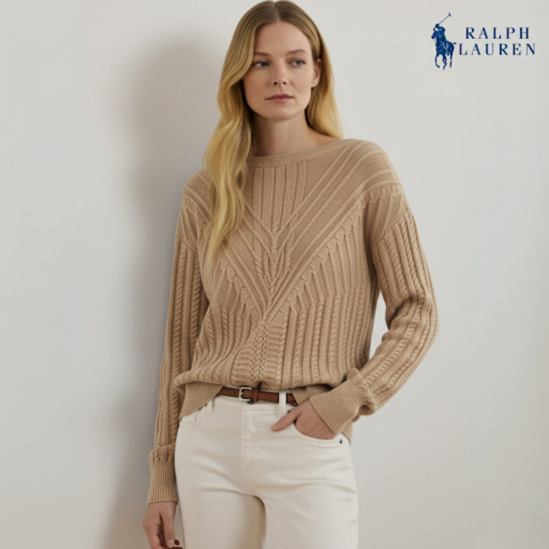 Zopfmuster-Pullover mit U-Boot-Ausschnitt aus Baumwollmischung