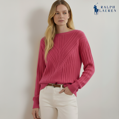 Zopfmuster-Pullover mit U-Boot-Ausschnitt aus Baumwollmischung