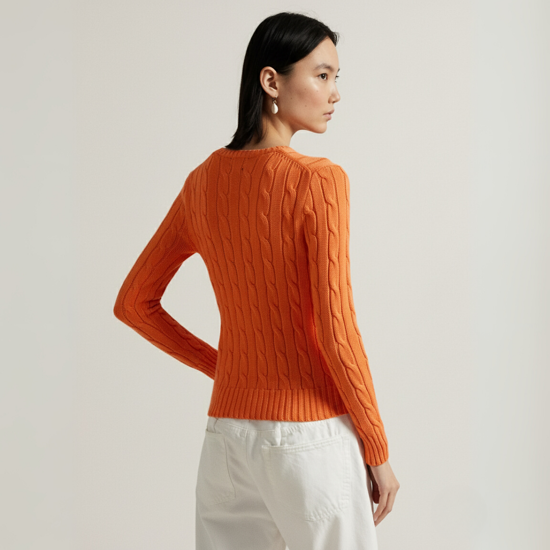 Zopfmuster-Baumwollpullover mit Rundhalsausschnitt